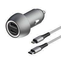 Автомобильное зарядное устройство для Apple InterStep мощность(30W)USBA+USBC +каб. нейлон,1,5м, т-серый